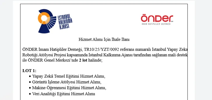 ÖNDER İMAM HATİPLİLER DERNEĞİ'NDEN HİZMET ALIMI İÇİN İHALE İLANI